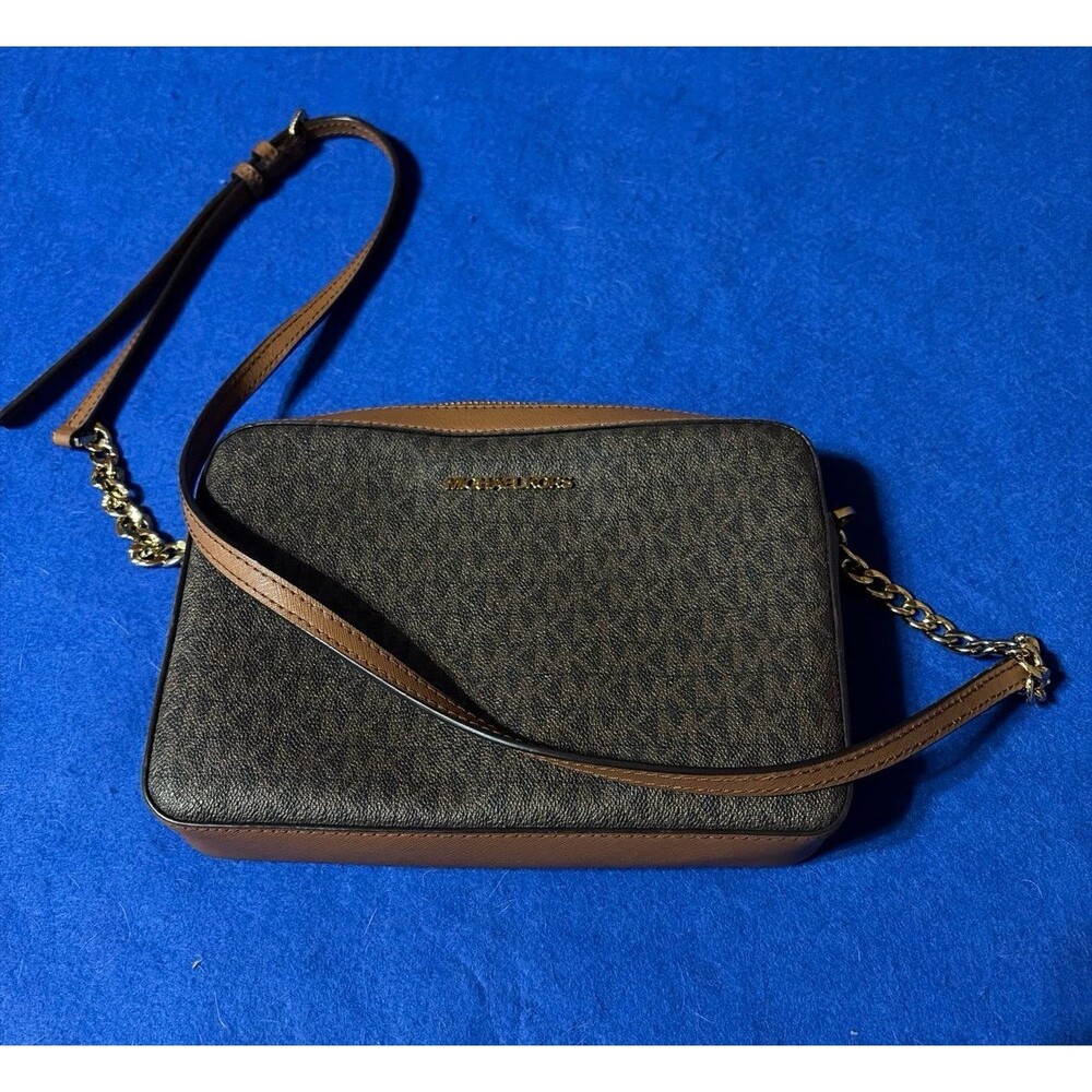 Michael Kors Jet Set Large East West Crossbody Bag Brown MK Signature Gold Chain
